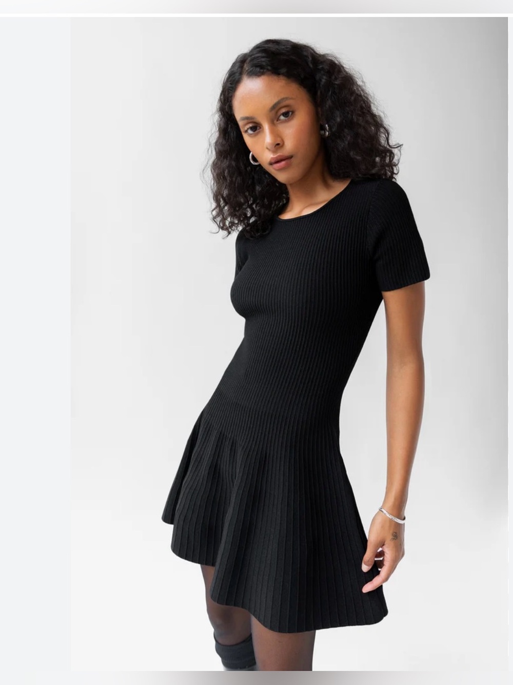 OAK + FORT Black Ribbed Short-Sleeve Mini Dress